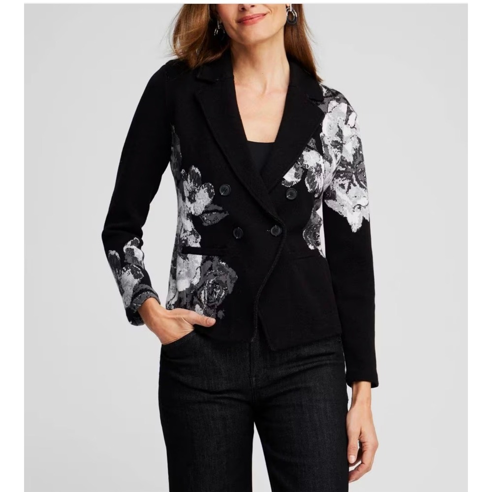 Chicos Jacket Size Small‎ Floral Jacquard Knit Blazer Jacket Cardigan PERFECT 🖤